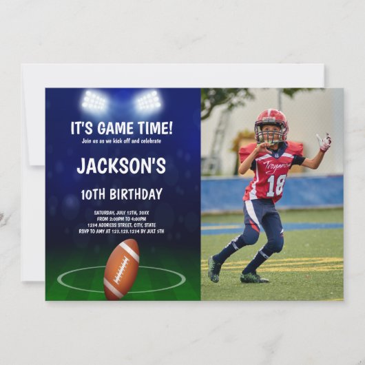 グリーンブルーサッカー誕生日招待状写真 招待状 (正面)