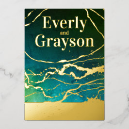 グリーンブルースカイ銀河系マーブル金ゴールド結婚ズ 箔招待状