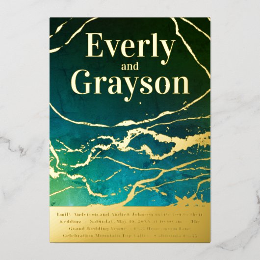 グリーンブルースカイ銀河系マーブル金ゴールド結婚ズ 箔招待状 (正面)