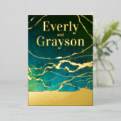 グリーンブルースカイ銀河系マーブル金ゴールド結婚ズ 箔招待状 (立ち正面)