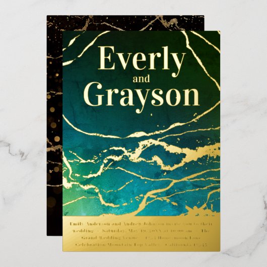 グリーンブルースカイ銀河系マーブル金ゴールド結婚ズ 箔招待状 (正面/裏面)