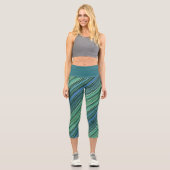 グリーンブルーティール(緑がかった色)カッコいいストライプ抽象芸術サイケデリック カプリレギンス (正面)