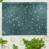 グリーンブルーナイトスカイティール(緑がかった色)金ゴールド星模様 キッチンタオル (折り畳み)