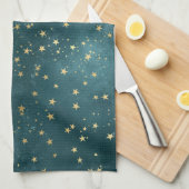 グリーンブルーナイトスカイティール(緑がかった色)金ゴールド星模様 キッチンタオル (四つ折り)
