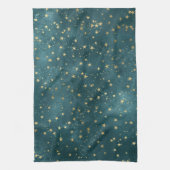 グリーンブルーナイトスカイティール(緑がかった色)金ゴールド星模様 キッチンタオル (縦)