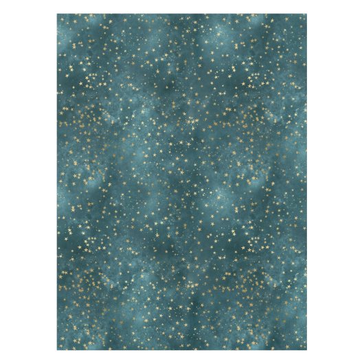 グリーンブルーナイトスカイティール（緑がかった色）金ゴールド星模様 テーブルクロス (正面)