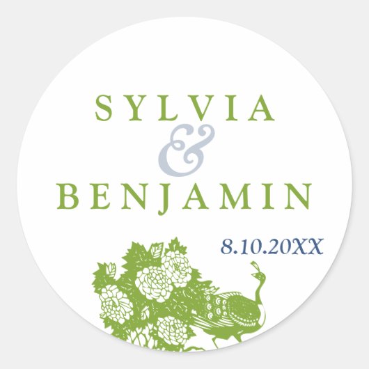 グリーンブルーピーコックガーデンシック結婚式の引き出物シール ラウンドシール (正面)