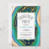 グリーンブルーピーチアゲート、金ゴールドフォイル婚約パーティ 招待状 (正面)