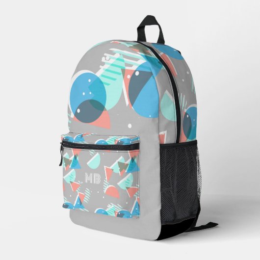 グリーンブルーピーチオレンジグレーミッドセンチュリーアート プリントバックパック (裏面右端)