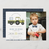 グリーンブルーファームトラクターキッズフォト誕生日招待状 サンキューカード (正面/裏面)