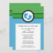 グリーンブルーフットプリントボーイベビーシャワー招待状 招待状 (正面/裏面)