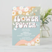 グリーンブルーフラワーパワーヒッピー70sレトロ誕生日 招待状 (スタンド正面)