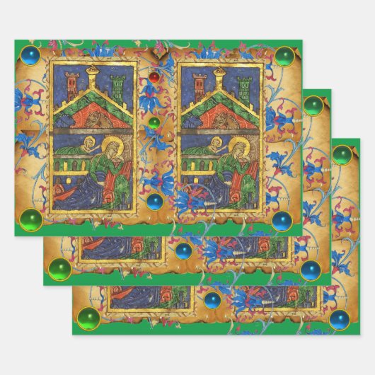 グリーンブルーフローラ出生クリスマスパメント ラッピングペーパーシート (セット)