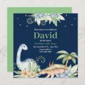 グリーンブルーフローラ恐竜誕生日招待状 招待状 (正面/裏面)