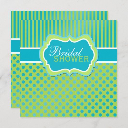 グリーンブルーホワイト水玉模様ストライプシャワー招待状 招待状 (正面/裏面)