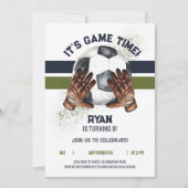 グリーンブルーボーイズスポーツテーマサッカー誕生日パーティー 招待状 (正面)