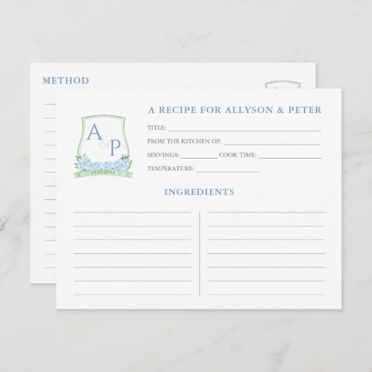 グリーンブルーモノグラムブライダルシャワーレシピカード 招待状 (正面/裏面)