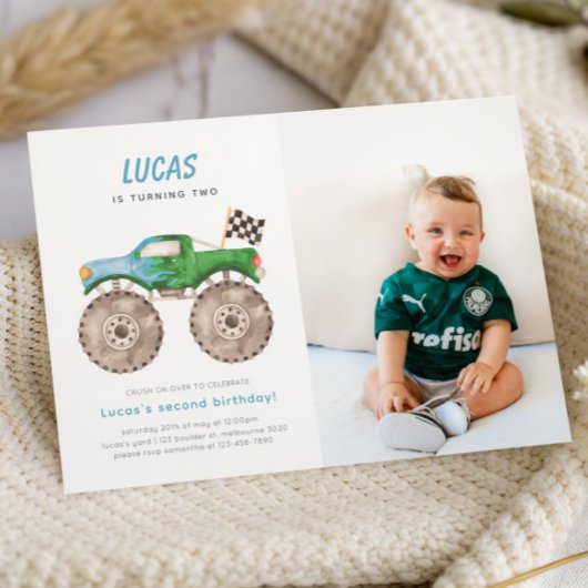 グリーンブルーモンスタートラック誕生日フォト招待状 招待状