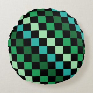 グリーンブルー市松模様にジンガムパターン ラウンドクッション