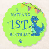 グリーンブルー恐竜をテーマにした子供の誕生日パーティー ペーパーコースター (正面)