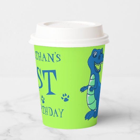 グリーンブルー恐竜をテーマにした子供の誕生日パーティー 紙コップ (左)