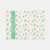 グリーンブルー恐竜パターン名前をカスタムする フリースブランケット (正面(横))