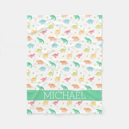 グリーンブルー恐竜パターン名前をカスタムする フリースブランケット (正面)