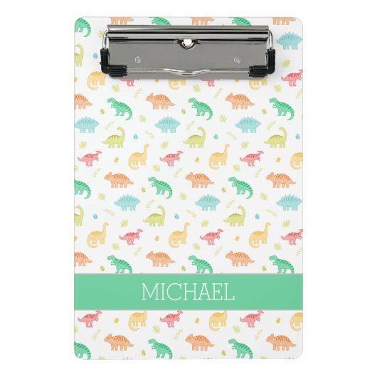 グリーンブルー恐竜パターン名前をカスタムする ミニクリップボード (正面)