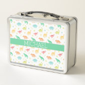 グリーンブルー恐竜パターン名前をカスタムする メタルランチボックス (裏面)