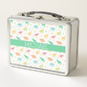 グリーンブルー恐竜パターン名前をカスタムする メタルランチボックス (正面)