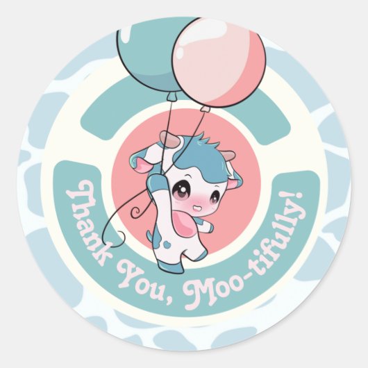 グリーンブルー牛パターンありがとうおラウンドのステッカー ラウンドシール (正面)