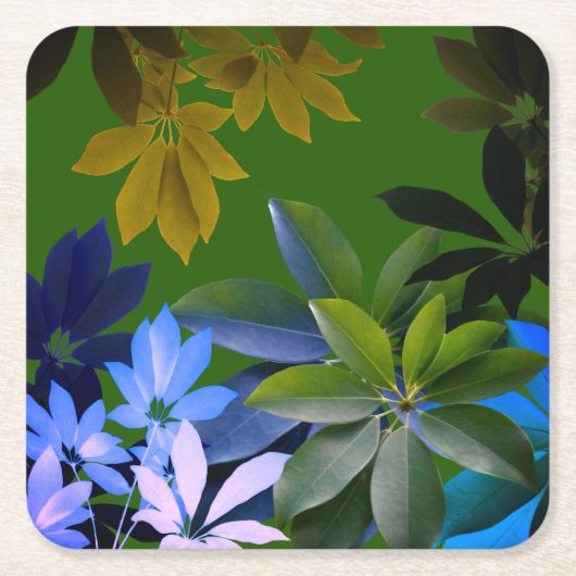 グリーンブルー葉カスタムコースター スクエアペーパーコースター (正面)