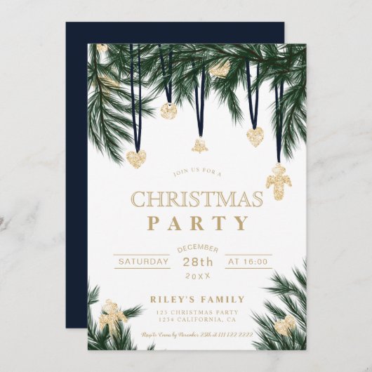 グリーンブルー金ゴールドクリスマスパイン枝グリッター 招待状 (正面/裏面)