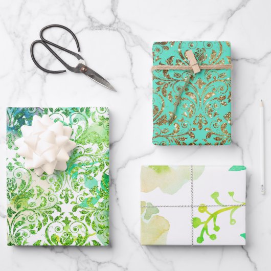 グリーンブルー金ゴールドダマスクレースフローララッピング紙 ラッピングペーパーシート (正面)