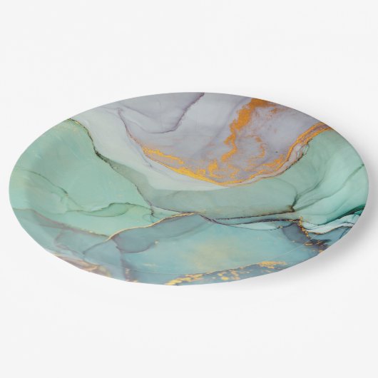 グリーンブルー金ゴールド大理石かわいらし ペーパープレート (アングル)
