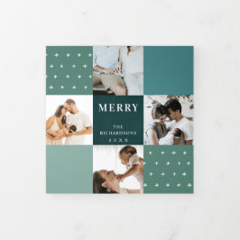 グリーンブルー ティール プラッド 7 枚の写真 楽しいクリスマス 三つ折りクリスマスカード