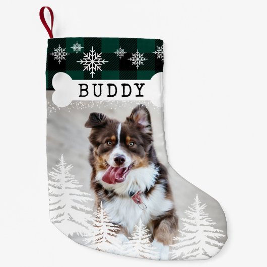 グリーンプライ素朴ドパインツリーズドッグボーンペットフォト スモールクリスマスストッキング (正面)