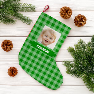 グリーンプラッドの子供の写真と名前 ギンガムチェックの田舎風デザイン スモールクリスマスストッキング