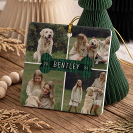グリーンプラッド柄の犬フォトコラージュ クリスマスの思い出 セラミックオーナメント