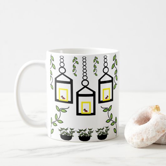 グリーンプラントバードの自然パターン コーヒーマグカップ (ドーナツ)