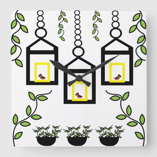 グリーンプラントバードの自然パターン スクエア壁時計 (正面)