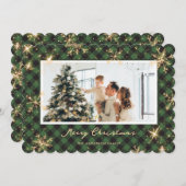 グリーンプレイドきらめくスノーフレーク写真クリスマス シーズンカード (正面/裏面)