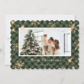グリーンプレイドきらめくスノーフレーク写真クリスマス シーズンカード (正面)