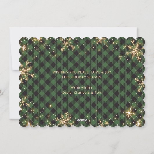 グリーンプレイドきらめくスノーフレーク写真クリスマス シーズンカード (裏面)