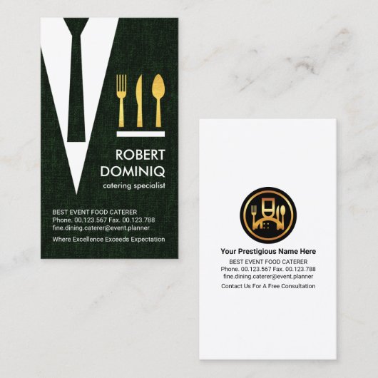 グリーンプレイドウェイタースーツ金ゴールド刃物仕出し業者 名刺 (正面/裏面)