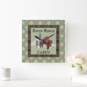 グリーンプレイドウォーターカラーバイソンバッファロー素朴キャビン スクエア壁時計 (ホーム)