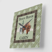 グリーンプレイドウォーターカラーバイソンバッファロー素朴キャビン スクエア壁時計 (傾斜)