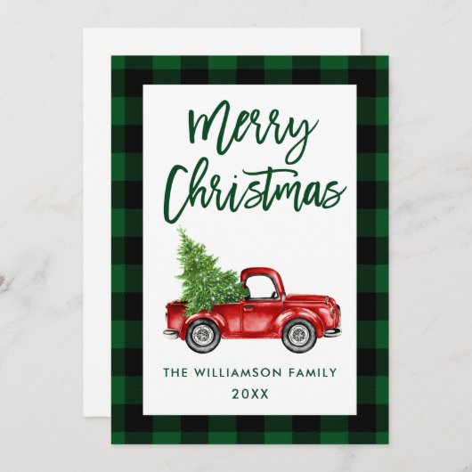 グリーンプレイドクリスマスブラシスクリプトヴィンテージトラック シーズンカード (正面/裏面)