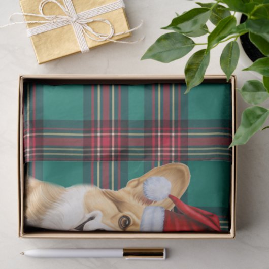 グリーンプレイドクリスマスペンブロークウェルシュコーギー犬 薄葉紙 (ギフト)