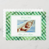 グリーンプレイドスクリパーソナライズされたプトベビーフォト誕生 案内状 (正面/裏面)